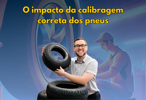 Gestor sorridente segurando pneus, com fundo ilustrativo de oficina, simbolizando a importância da calibragem correta na economia de combustível.