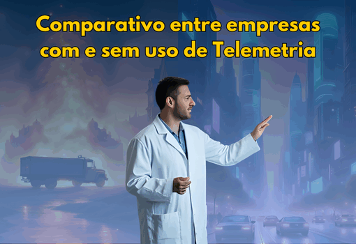 Profissional apontando para o horizonte com frota ao fundo, simbolizando o comparativo entre empresas com e sem uso de telemetria.