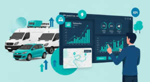 Painel digital exibindo KPIs de gestão de frotas, com veículos em segundo plano, simbolizando otimização e controle de frota moderna através de dados.